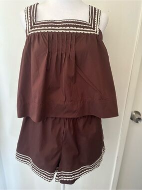 Caroline Constas Chocolate Brown Ricrac Resortwear Matching Set Top Shorts S
